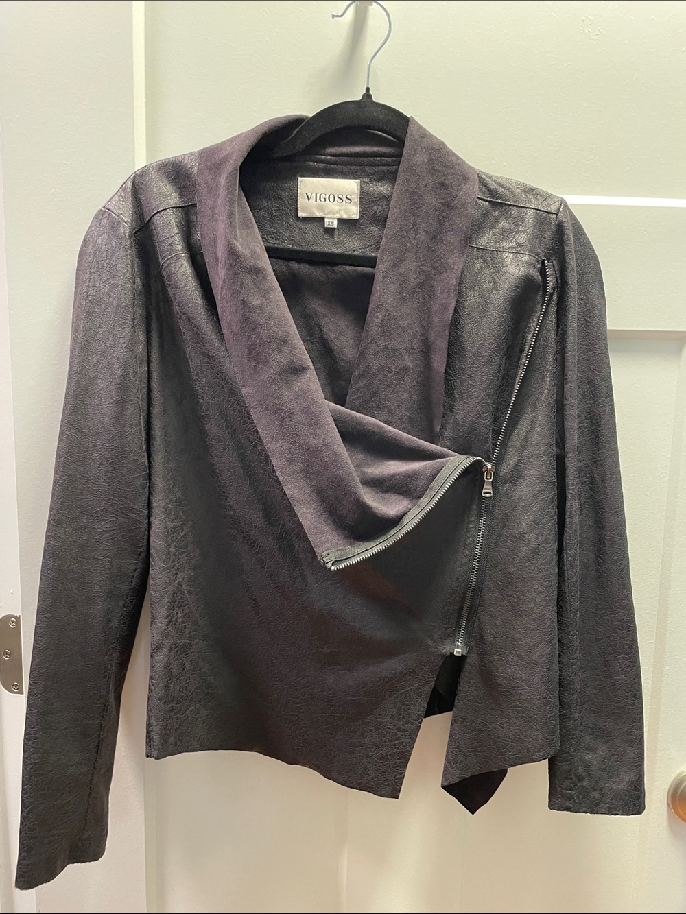 Vigoss Women's Black Draped Asymmetrical Zip Vegan Leather Suede Jacket